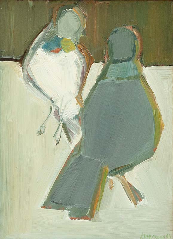 Les deux pigeons (De to duer) 26x34, olie på masonit. Paris 1964