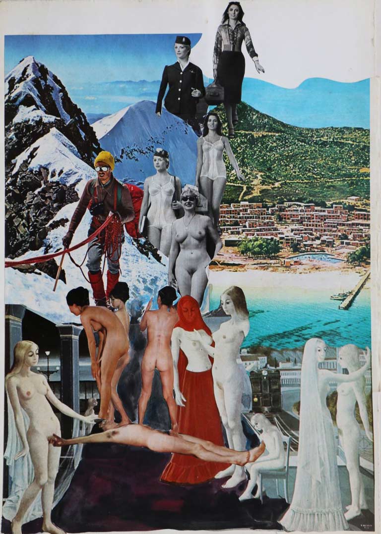 Collage barox 16 (Barox collage 16) 40x55, collage med magasinudklip og acrylmaling på papir, Castano Primo 1975	