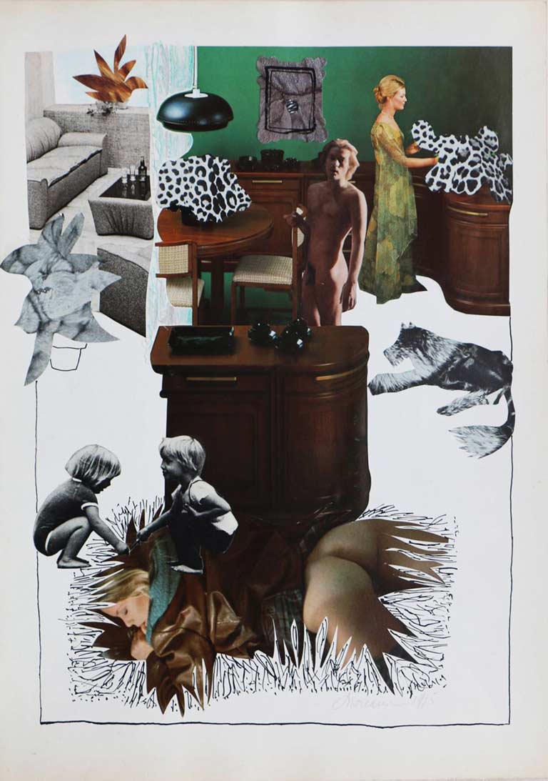 Collage barox 17 (Barox collage 17) 40x55, collage med magasinudklip og acrylmaling på papir, Castano Primo 1975