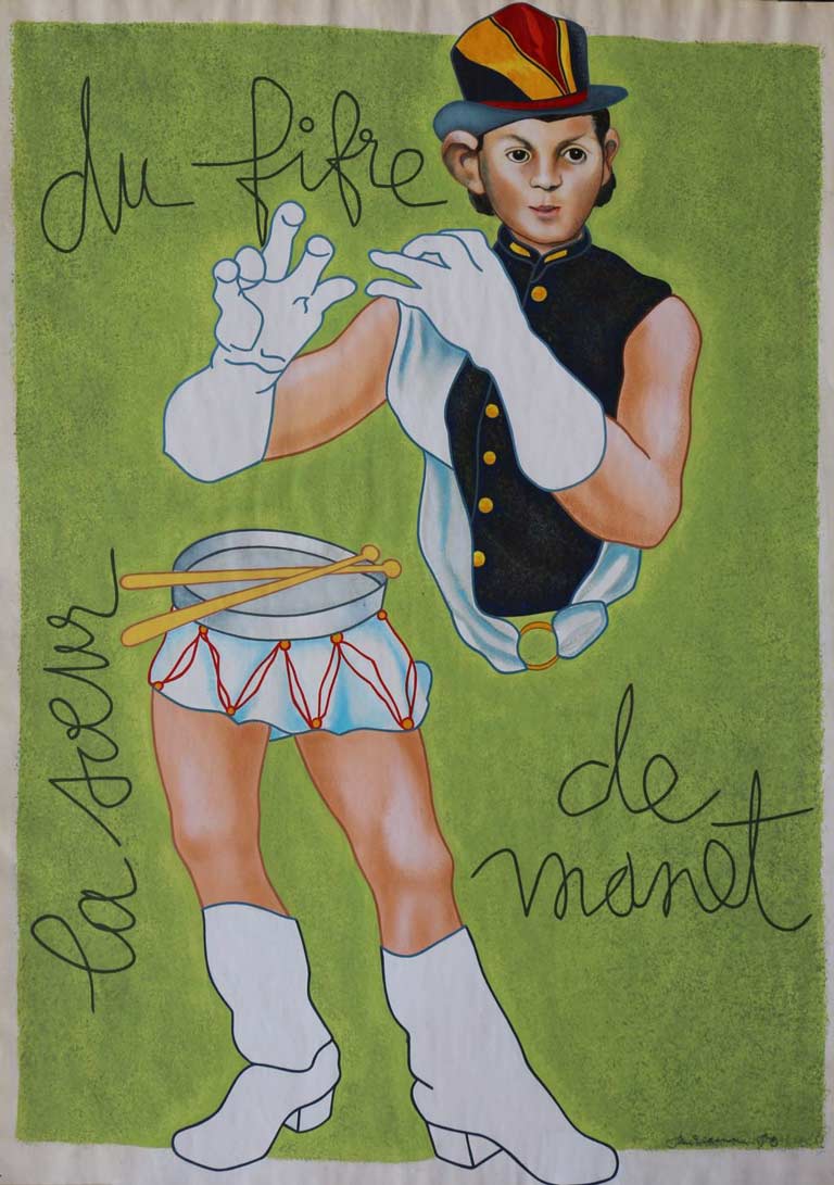 La soeur du fifre de Manet (Fifre Manets søster) 70x100, acryl på tykt papir, La Bussière 1980	・・➣ Majorette, tambur og fløjtist. Hvem er Le fifre de manet?