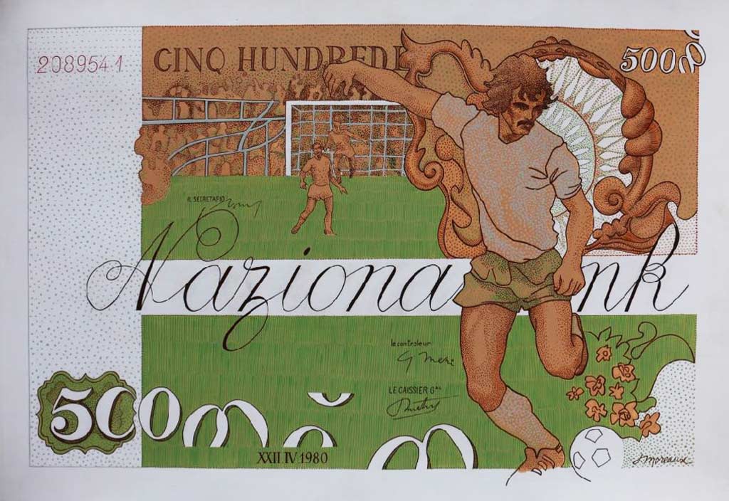 Billet de foot (Fodboldpenge) 100x70, acryl på tykt papir, La Bussière 1981 	・・➣ Nazionalbank - cinq.. hundrede Blandet fransk-dansk.