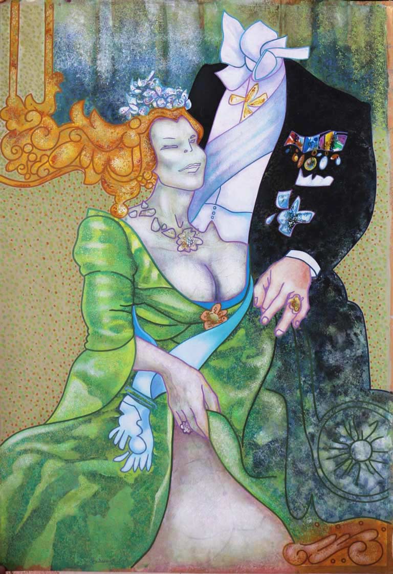 Le Couple Royale (Det kongelige par) 70x100, acryl på tykt papir, La Bussière 1981 	・・➣ Hvem er de?? Kroppene flyder ud i møbler, billedrammer mm.