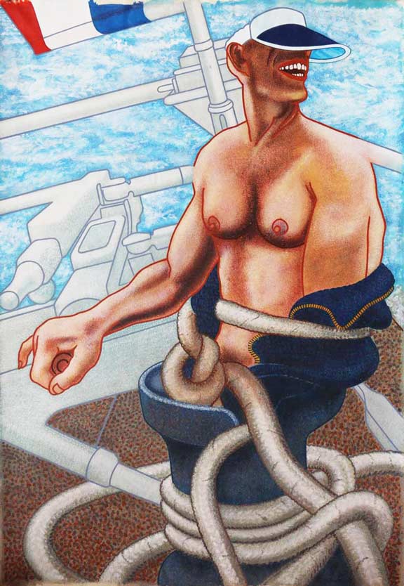 Le barreux, marin  (Styrmanden,  sømanden) 70x100, acryl på tykt papir, La Bussière 1981 		・・➣ Han styrer men er samtidig fanget i reb. Fanget i homosexualitet?