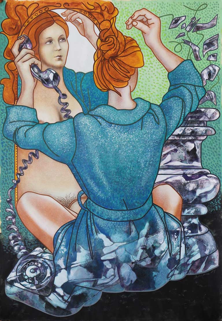 L’envers du  mirroir (Bagsiden af spejlet) 70x100, acryl på tykt papir, La Bussière 1981  ・・➣ Forfra… bagfra - nøgen… påklædt. Det er spejlfiguren der taler i telefon, surrealisme.