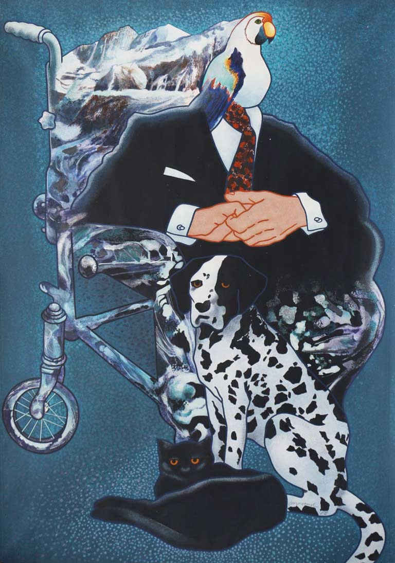 Les jeux de Borges (Borges’ spil) 70x100, acryl på tykt papir, La Bussière 1982	  ・・➣Jorge Louis Borges, argentinsk forfatter. Hans spil med bjerge, dyr, rullestol.