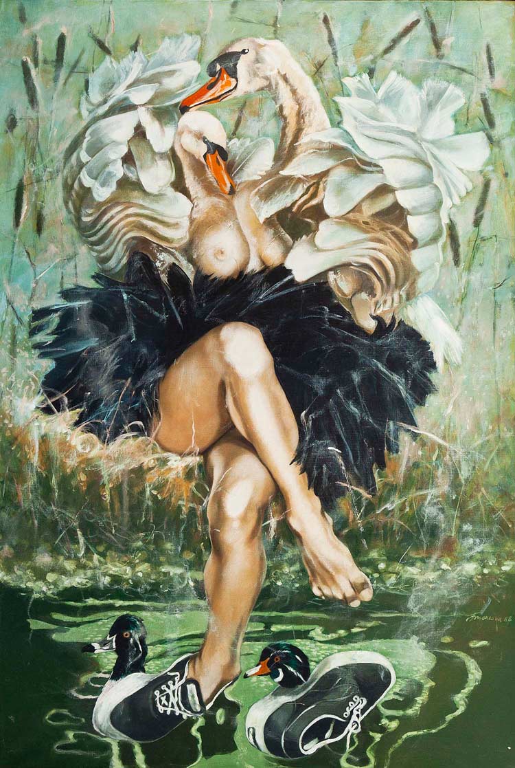 Les cygnes des temps (Svanetegn)	89x130, acryl på lærred, La Bussière	・・➣ Svanernes tegn, ordspil med tidens tegn eller også tidens svaner.
