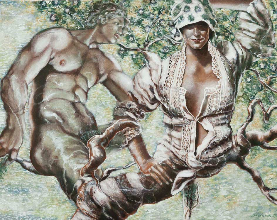 Vie d’ange (Engleliv) 92x73, acryl på lærred, La Bussière 1993	・・➣ Engleliv - og udtømning! Adam og Eva med slangen. 