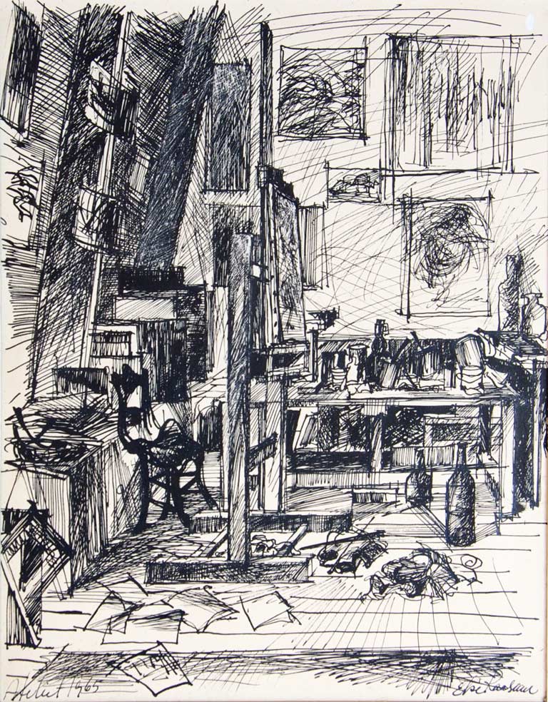 Amsterdam staffeli atelier - 25x32, tusch på papir. Amsterdam 1965