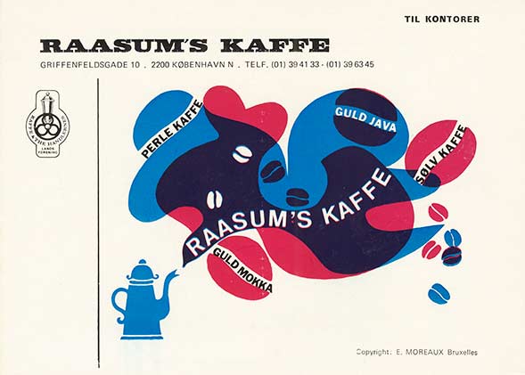 Raasum's Kaffe - 18x25, farvetryk på papir.	Bruxelles 1969 	・・➣ Reklamefolder fra Raasums Kaffe, med illustration af Else Raasum.