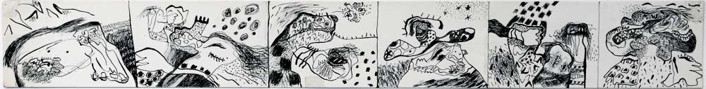Tegneserie II uden titel - 80x10, tusch, blyant på papir. Bruxelles 1971. ・・➣ Tegneserie af 6 små sort/hvid  tusch-tegninger i forlængelse af hinanden. 