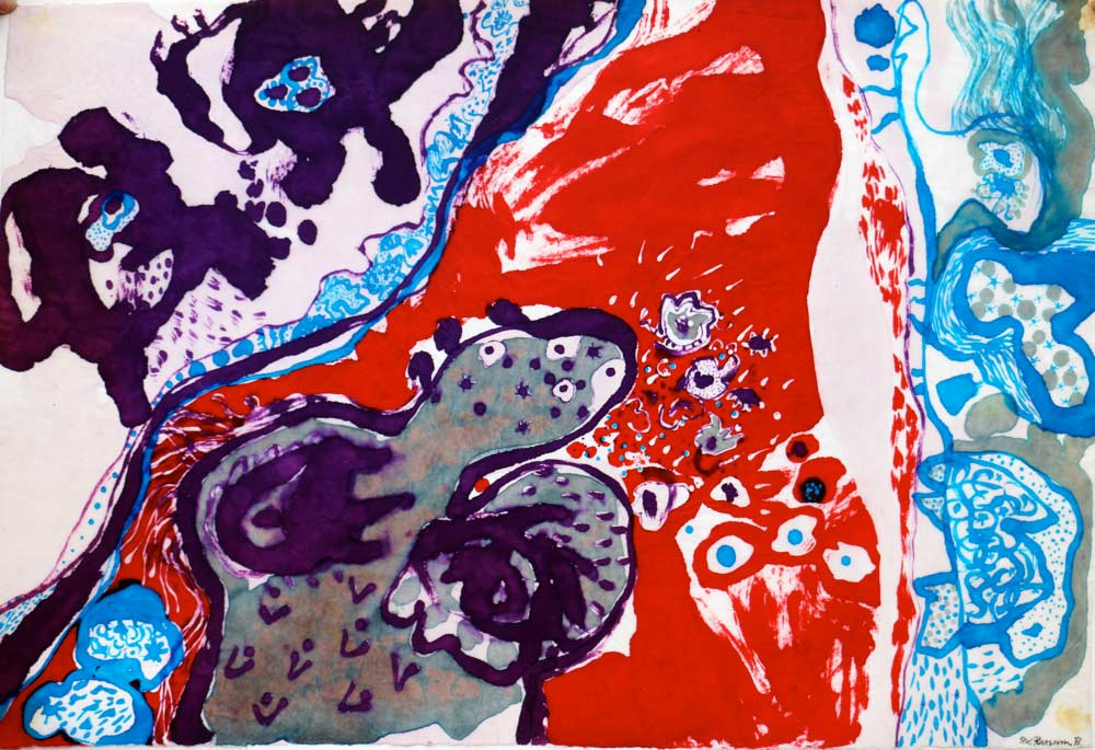 Encre couleurs 1 (Blæk og farver 1) 96x64, batik på japansk papir. Bruxelles 1971  ・・➣ Batik i farver, monteret i gennemsigtig dobbeltglasramme i eg.