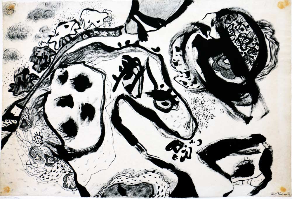 Encre le cheval rose (Blæk, den lyserøde hest) 64x48, akvarel på japansk papir. Bruxelles 1971	・・➣ Batik i sort/hvid