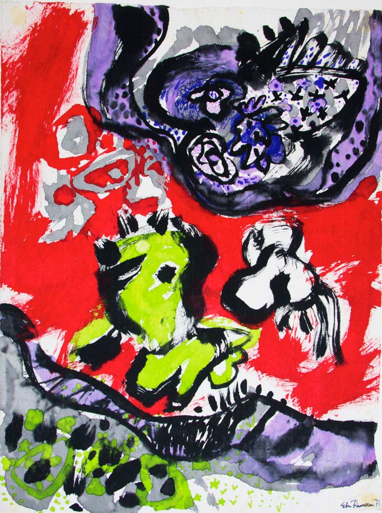 Le chien vert (Den grønne hund) 48x64, batik på japansk papir. Bruxelles 1971	 ・・➣  Batik i farver , monteret i glasramme i eg.