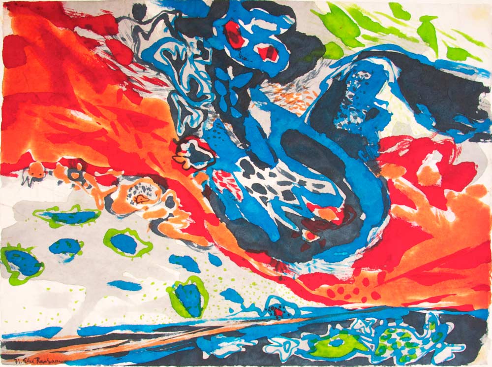 Monstre de la mer (Havmonster) 64x48, batik på japansk papir. Bruxelles 1971	 ・・➣  Batik i farver , monteret i glasramme i eg.