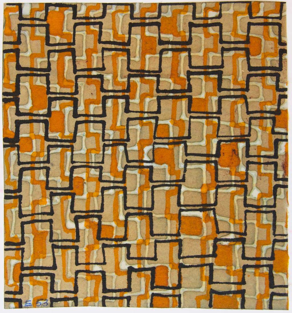 Stofdesign 03 - 35x35, batik på japansk papir. Bruxelles 1971	 ・・➣ Forstudium til tapet og stofdesign, monteret i glasramme i eg.
