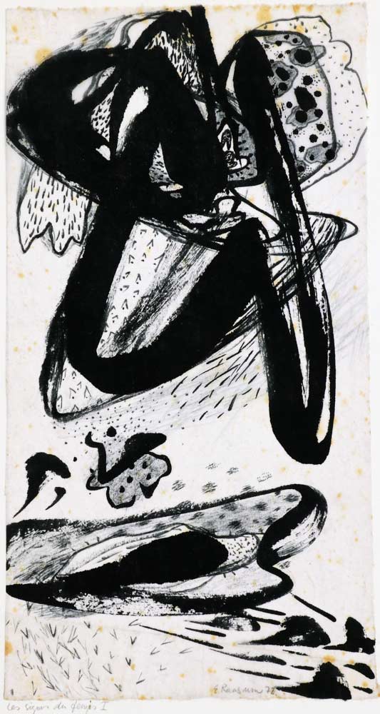 Les signes du temps I (Tidens tegn I) 18x33, akvarel på japansk papir. Bruxelles 1972	 ・・➣  Batik i sort/hvid