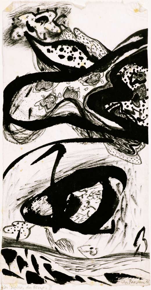 Les signes du temps II (Tidens tegn I) 18x33, akvarel på japansk papir. Bruxelles 1972	 ・・➣  Batik i sort/hvid