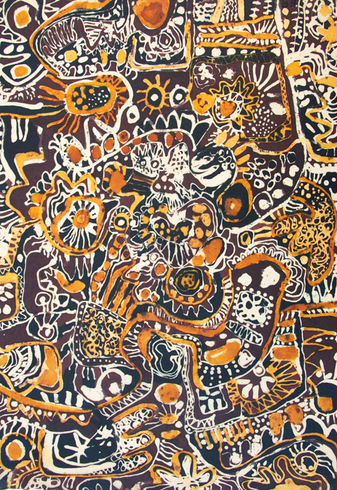 Afrika akvarel - 48x64, batik på japansk papir. Bruxelles 1972	 ・・➣ Forstudium til tapet, monteret i glasramme i eg.