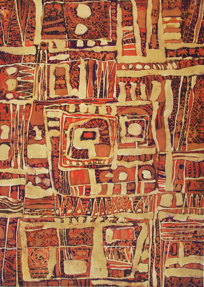 Fresque d'Egypte (Fresco fra Egypten) 48x64, batik på japansk papir. Bruxelles 1972	 ・・➣ Forstudium til tapet, monteret i glasramme i eg.