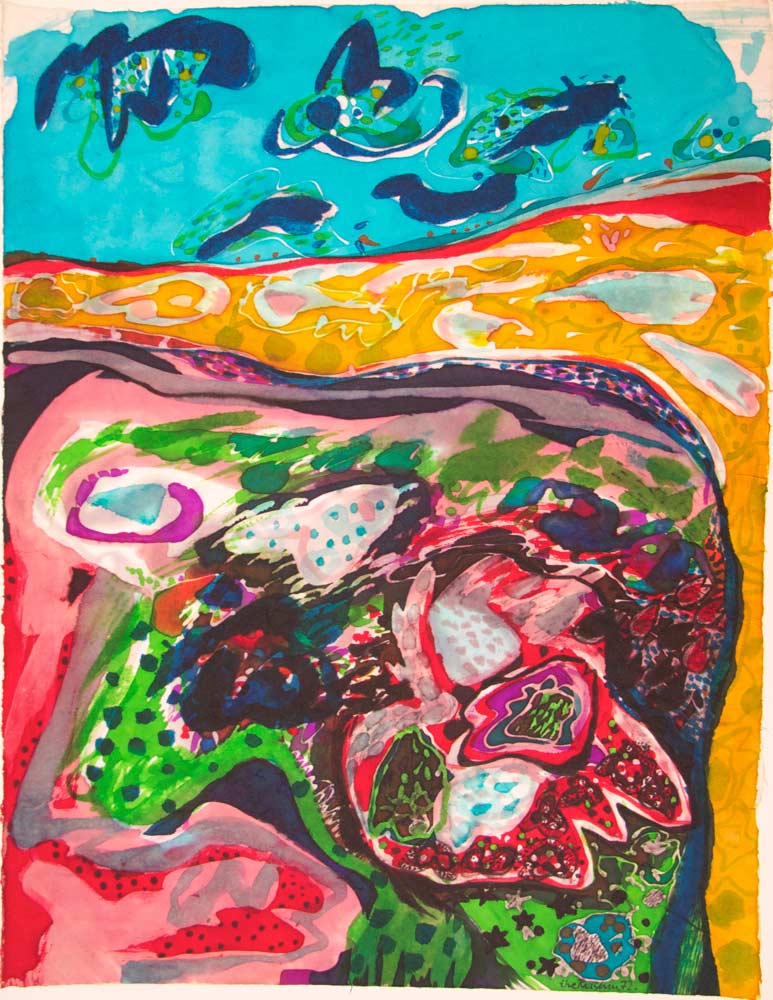 Himmel og jord - 48x64, batik på japansk papir. Bruxelles 1972	 ・・➣  Batik i farver , monteret i glasramme i eg.