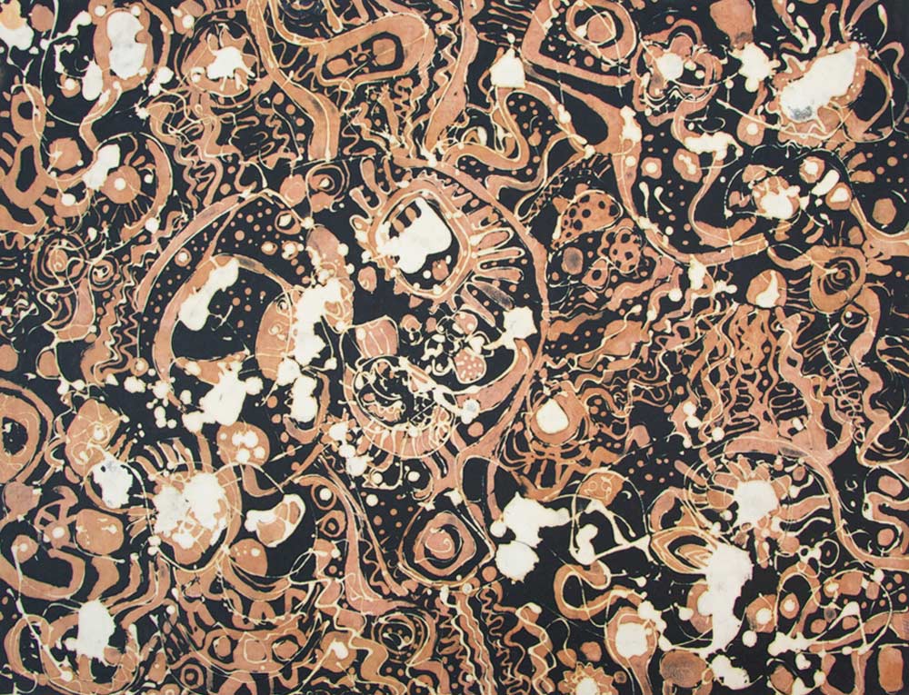 Stjernehimmel - 64x48, batik på japansk papir. Bruxelles 1972	 ・・➣ Forstudium til tapet, monteret i glasramme i eg.