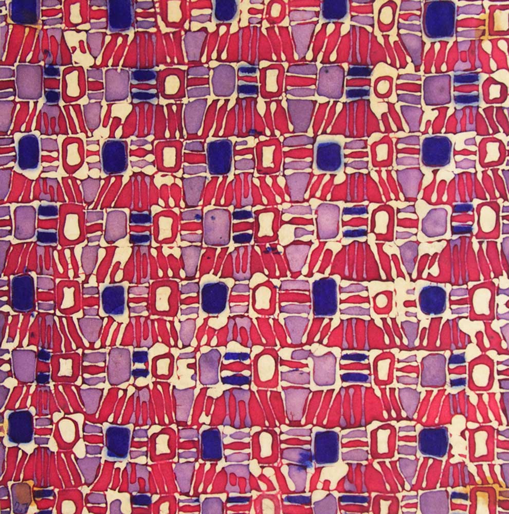 Stofdesign akvarel 04 - 28x28, batik på japansk papir. Bruxelles 1972	 ・・➣ Forstudium til tapet, monteret i glasramme i eg.