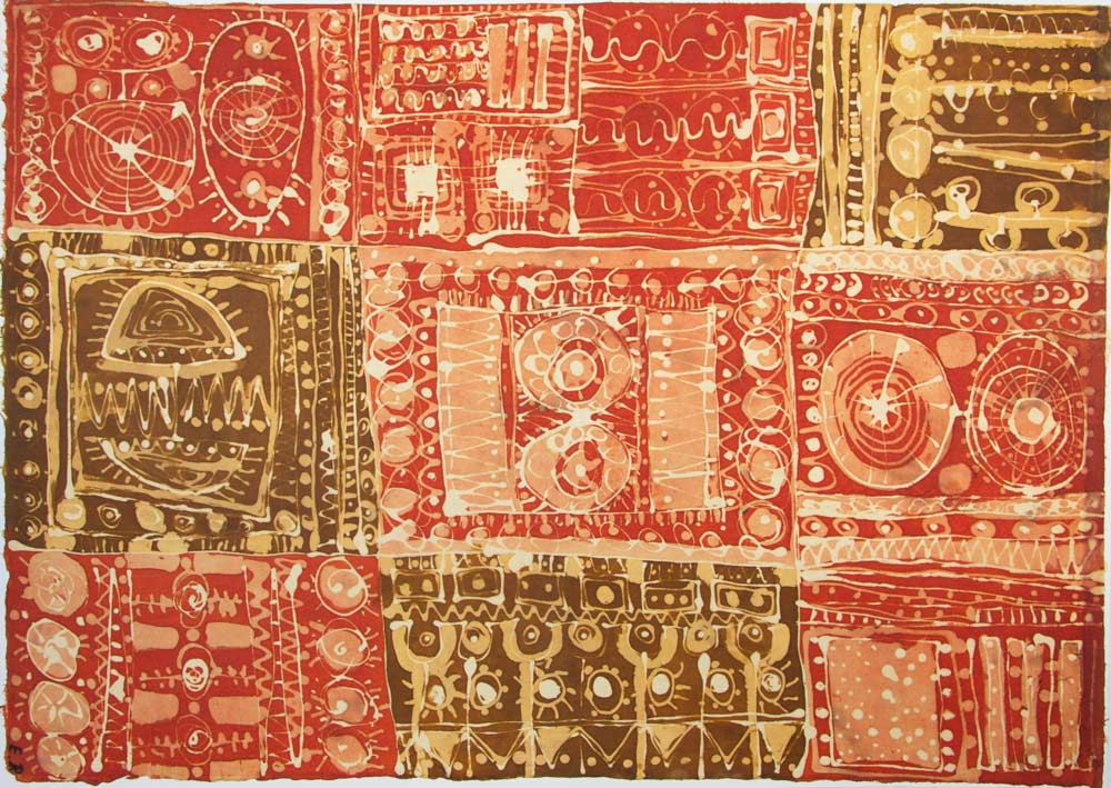 Tapis berber (Berbertæppe) 61x43, batik på japansk papir. Bruxelles 1972  ・・➣ Forstudium til tapet, monteret i glasramme i eg.