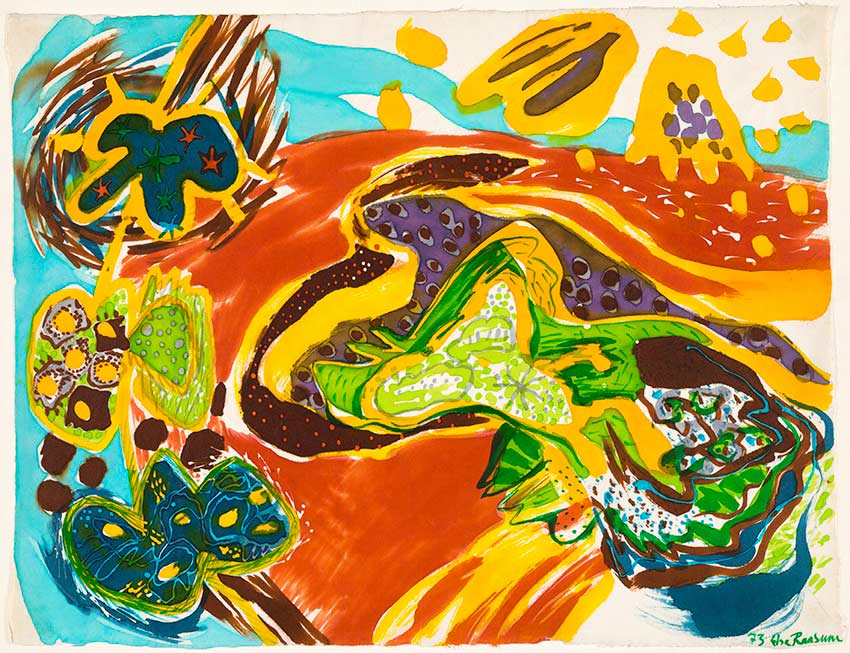 Batik fantasie, Scene de menage (Fantasibatik, hjemmescene) 68x53, batik på japansk papir. Bruxelles 1973	 ・・➣  Batik i farver , monteret i gennemsigtig dobbeltglasramme i eg.