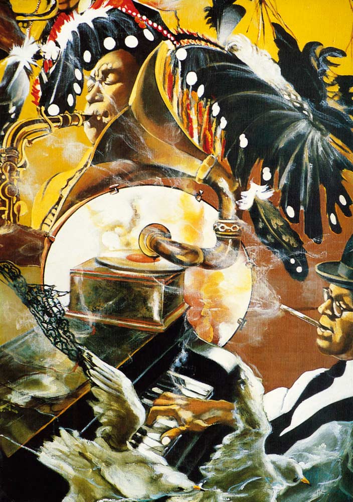 Jazz Club Lionel Hampton	60x85, plakat, originalmaleri ukendt. New York 1989  ・・➣ Plakat og forside til udstillingspjece. Placering af originalmaleri ukendt.