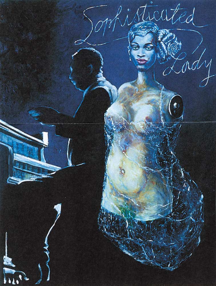 Sophisticated Lady (Den sufistikerede dame) 81x100, acryl på lærred. La Bussière 1990   ・・➣ Plakat til en udstilling på jazzclub i New York. Damen som gine… Pianisten er Bud Powel? Placering af originalmaleri ukendt.	