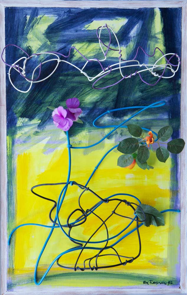 Fleurs (Blomster) 48x77, acryl på træ, med tråd og blomst . La Bussière 1992   ・・➣ Serie af malerier med tråd som giver en 3dimensionalitet som et relief. Tynd træplade med træramme.