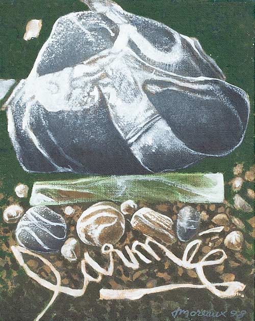 Cimetiere de mots III (Ordkirkegård III)	19x24, acryl på lærred. La Bussière 1998   ・・➣ Ordenes kirkegård III. Armeen.  Læs: Hæren - magt og undertrykkelse.