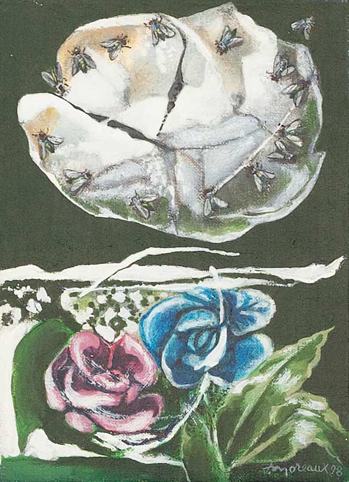 L’heure d’ête (Sommertid) 16x22, acryl på lærred. La Bussière 1998   ・・➣ Sommertid, blomsten er et ur. Lille billede, del af ordenes kirkegård.