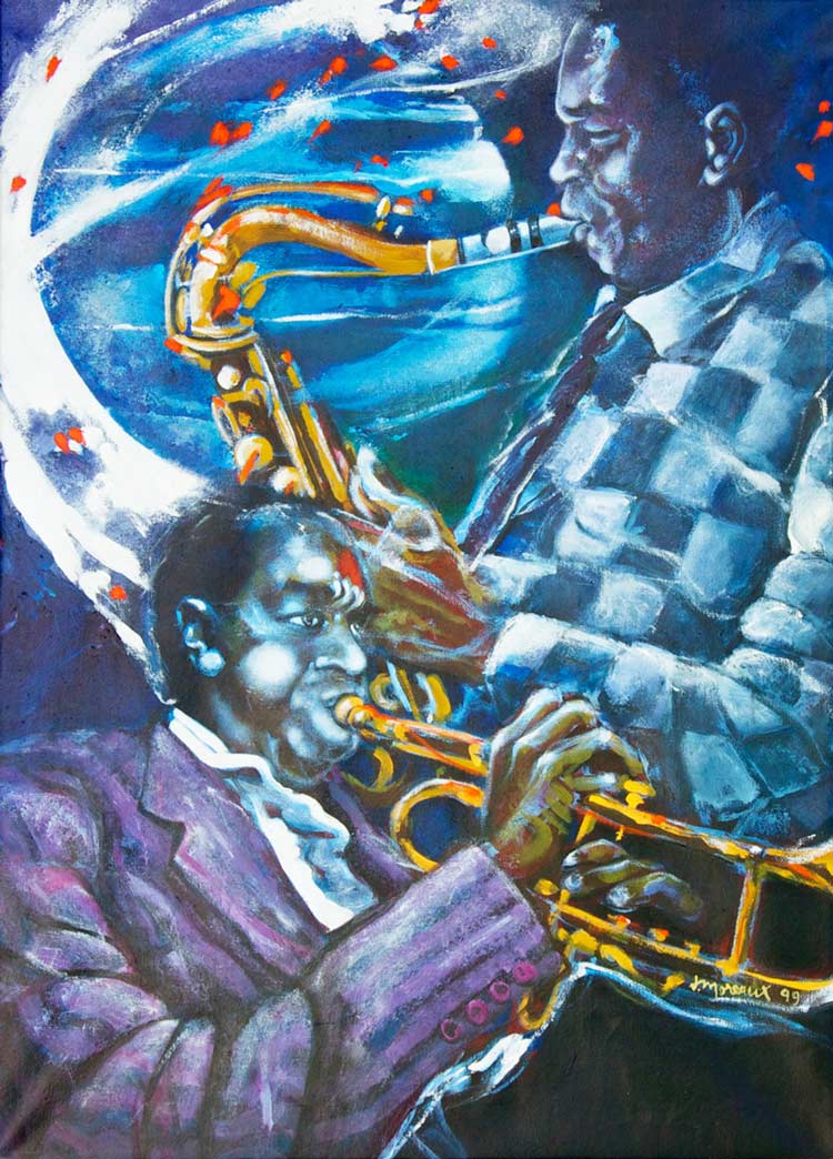 Time jazz (Jazz tiden) 73x100, acryl på lærred. La Bussière 1999 	 ・・➣ Charlie Parker m.fl. 