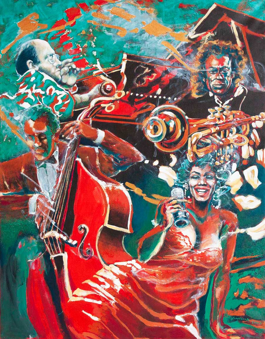 Petrucciani Jazz 114x146, acryl på lærred. La Bussière 2000   ・・➣ Pianisten Michel Petrucciani, med Miles Davis m.fl.