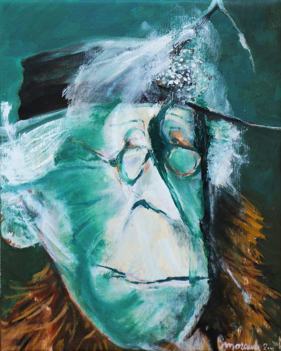 Portrait vieille I (Portræt af en gammel kone I) 39x51, acryl på lærred. La Bussière 2000   ・・➣ Dame med brille og hat i grøn.
