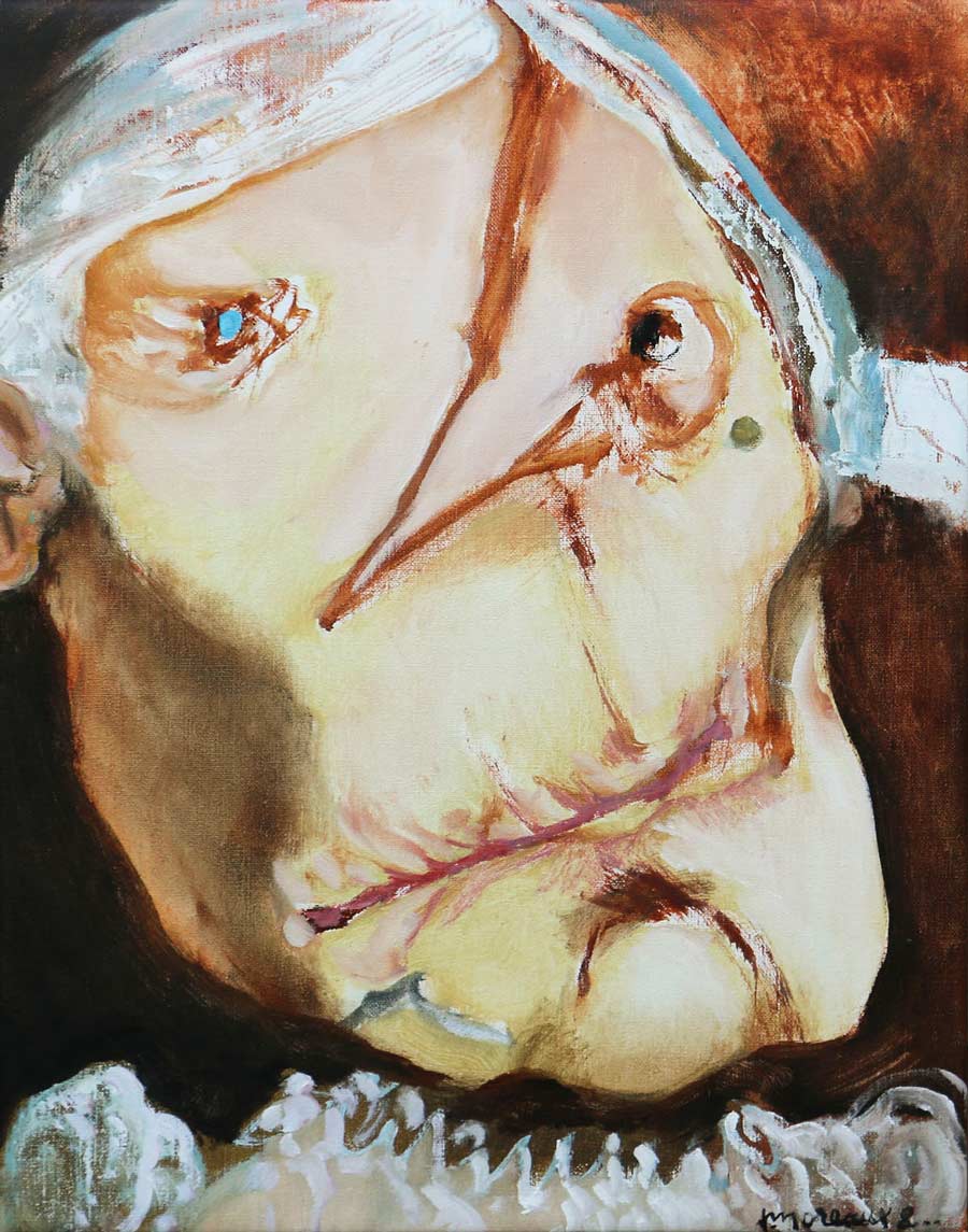 Portrait vieille III (Portræt af en gammel kone III) 39x51, acryl på lærred. La Bussière 2000   ・・➣ Dame med forvredet ansigt i brun.