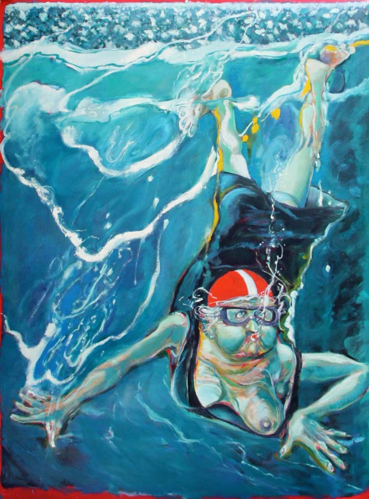 Vieille nageuse (Gammel svømmerinde) 114x146, acryl på lærred. La Bussière 2000   ・・➣ Gammel svømmerinde der dykker. Billedserie med de gamle.